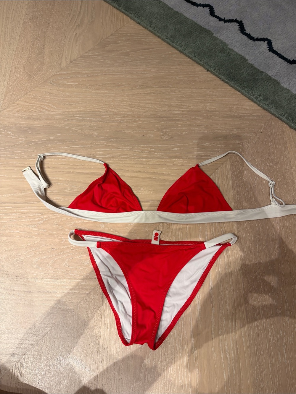 Solid and Striped Red Triangle Bikini Set with White Trim - Women Swim